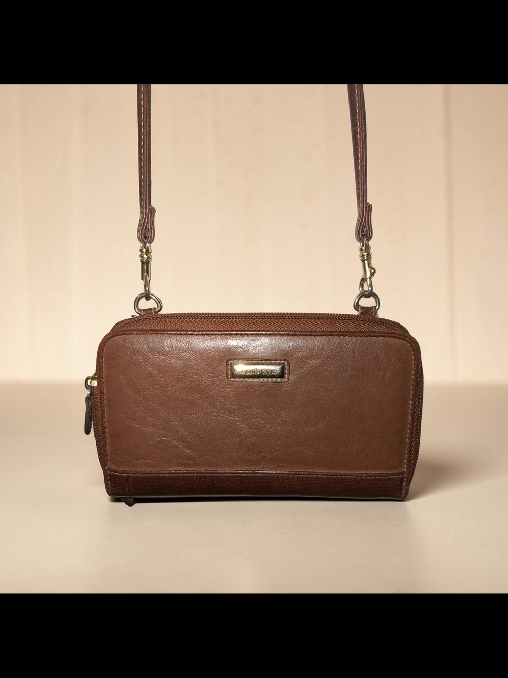Classic Rosetti Brown Leather Crossbody Phone Wallet with Gold Accent